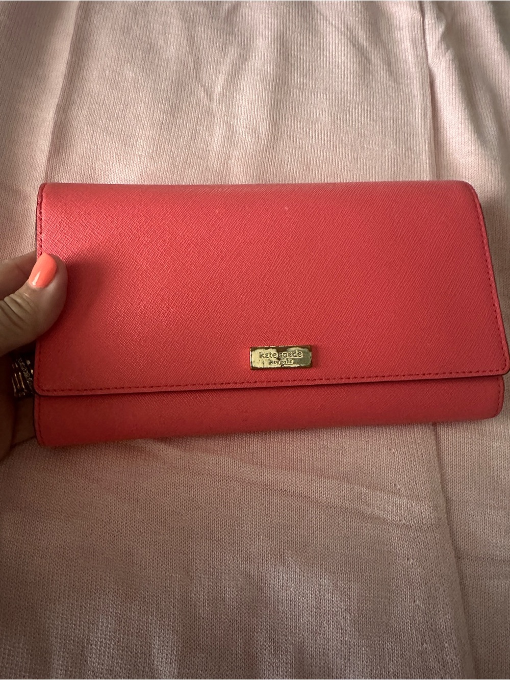 kate spade Coral-Red Saffiano Leather Long Wallet with Gold Plaque